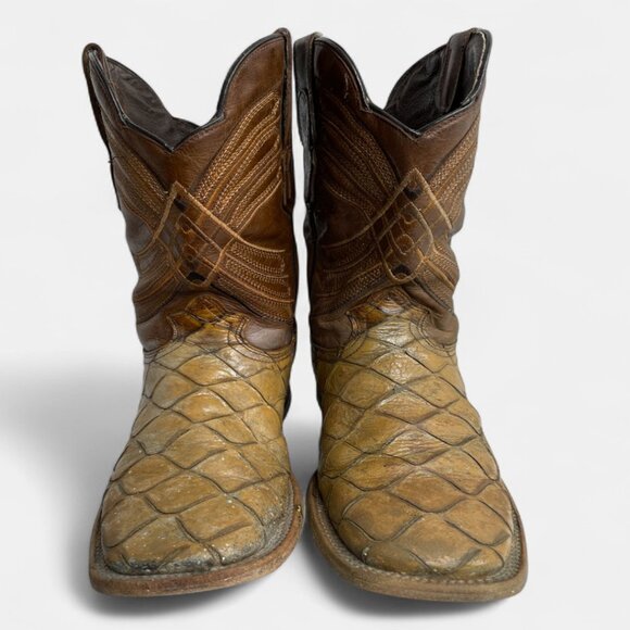 Reywelt Leather Square Toe Pirarucu Fish Pattern Western Cowboy Boots Men's 7.5 - Picture 4 of 13